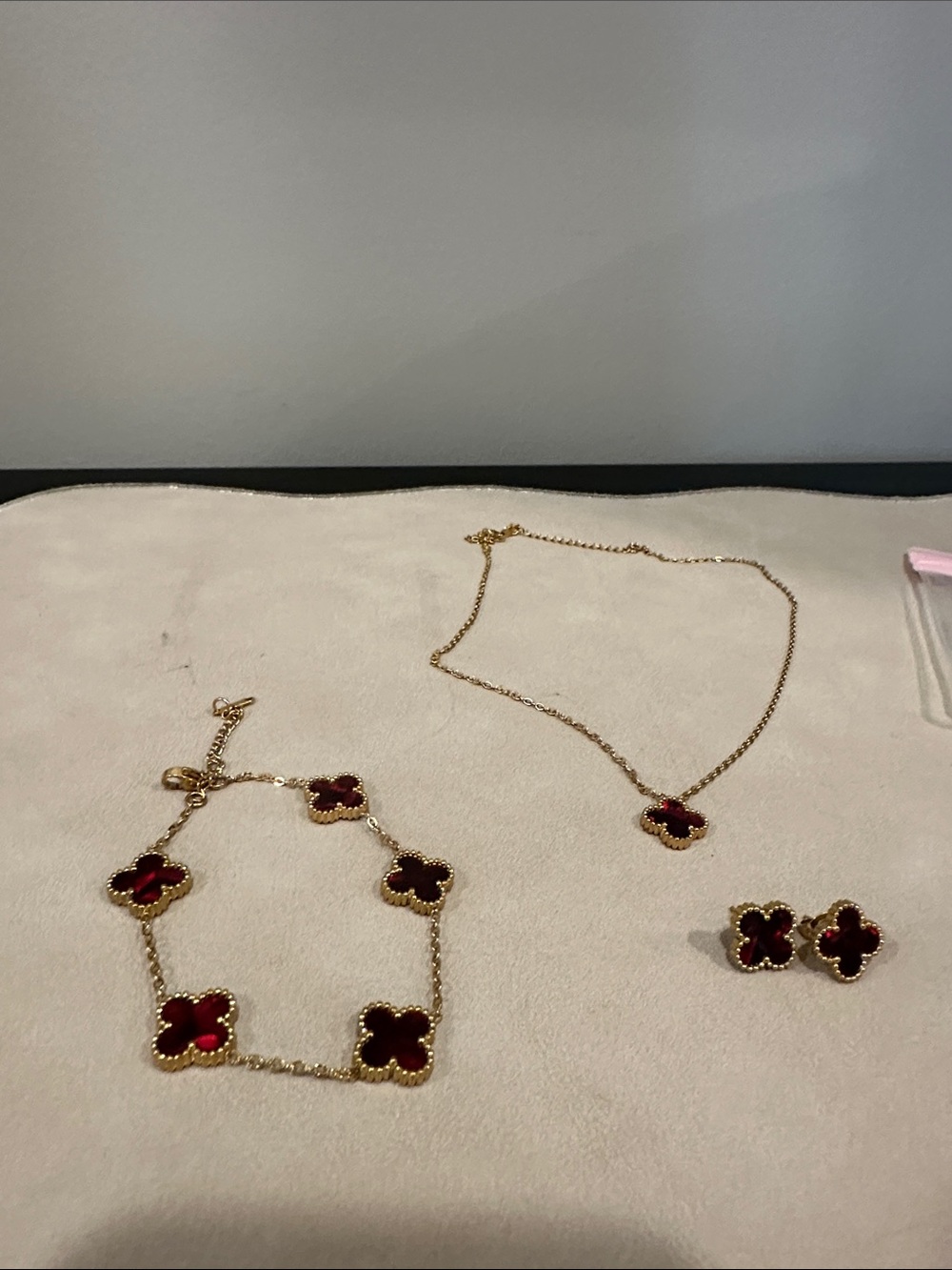 Gold and Burgundy Clover Necklace, Bracelet & Earring Set
